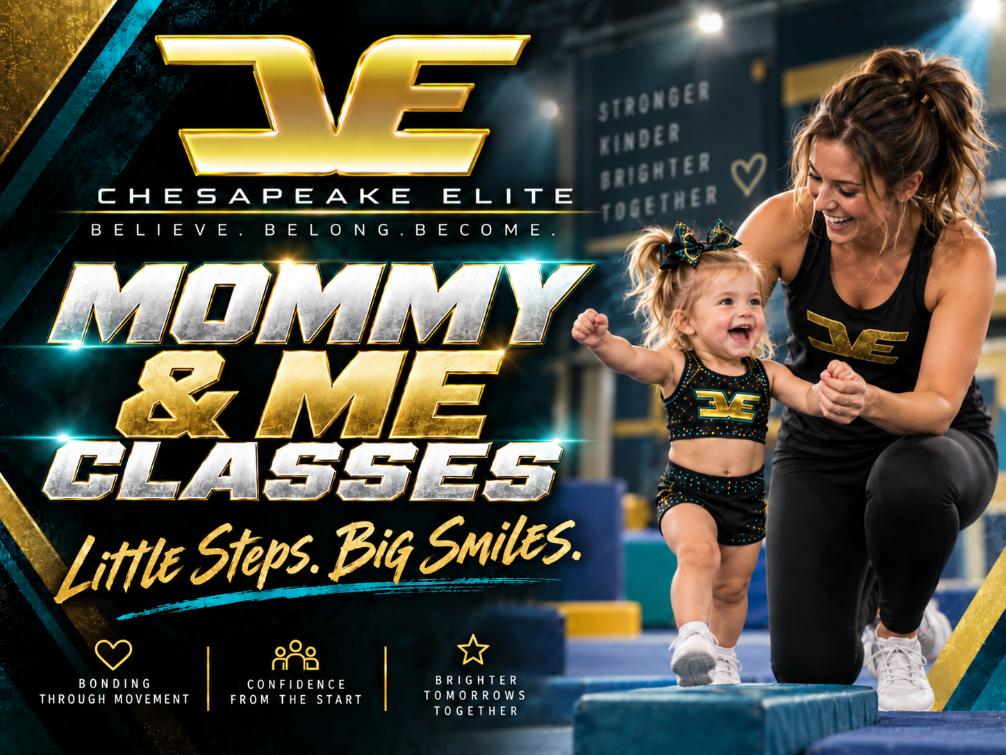 Mommy and Me Classes artwork featuring a young athlete and her grown-up